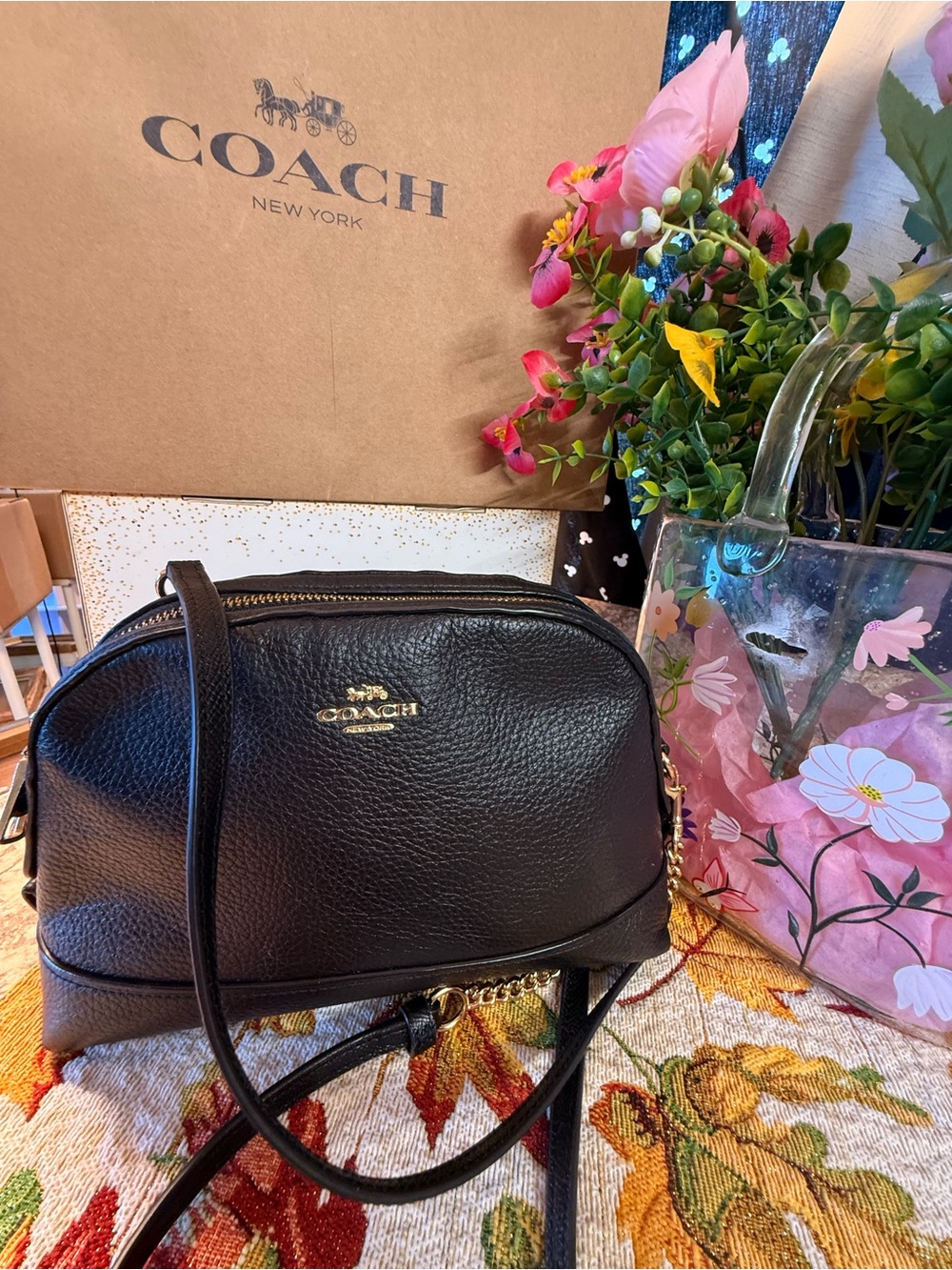 Coach Black Pebbled Leather Dome Crossbody with Gold-Tone Logo
